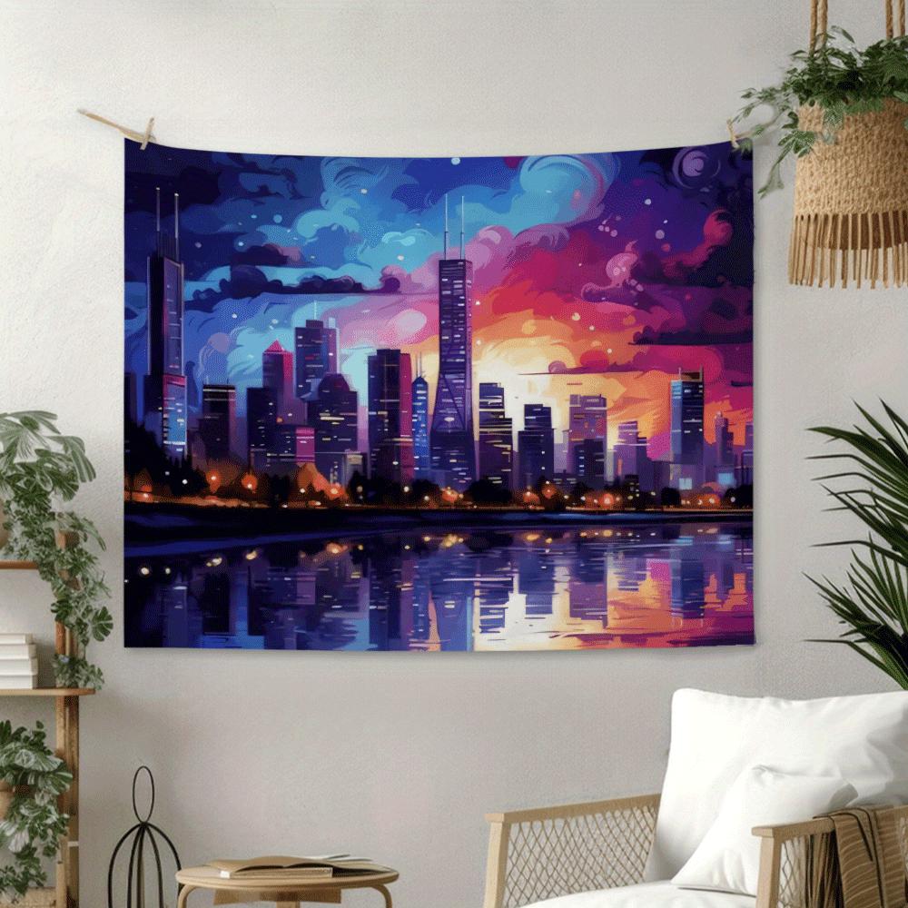 Nighttime Cityscape Digital Printing Polyester Wall Tapestry Suitable For Use In Living Rooms Bedrooms Offices Bars And Party