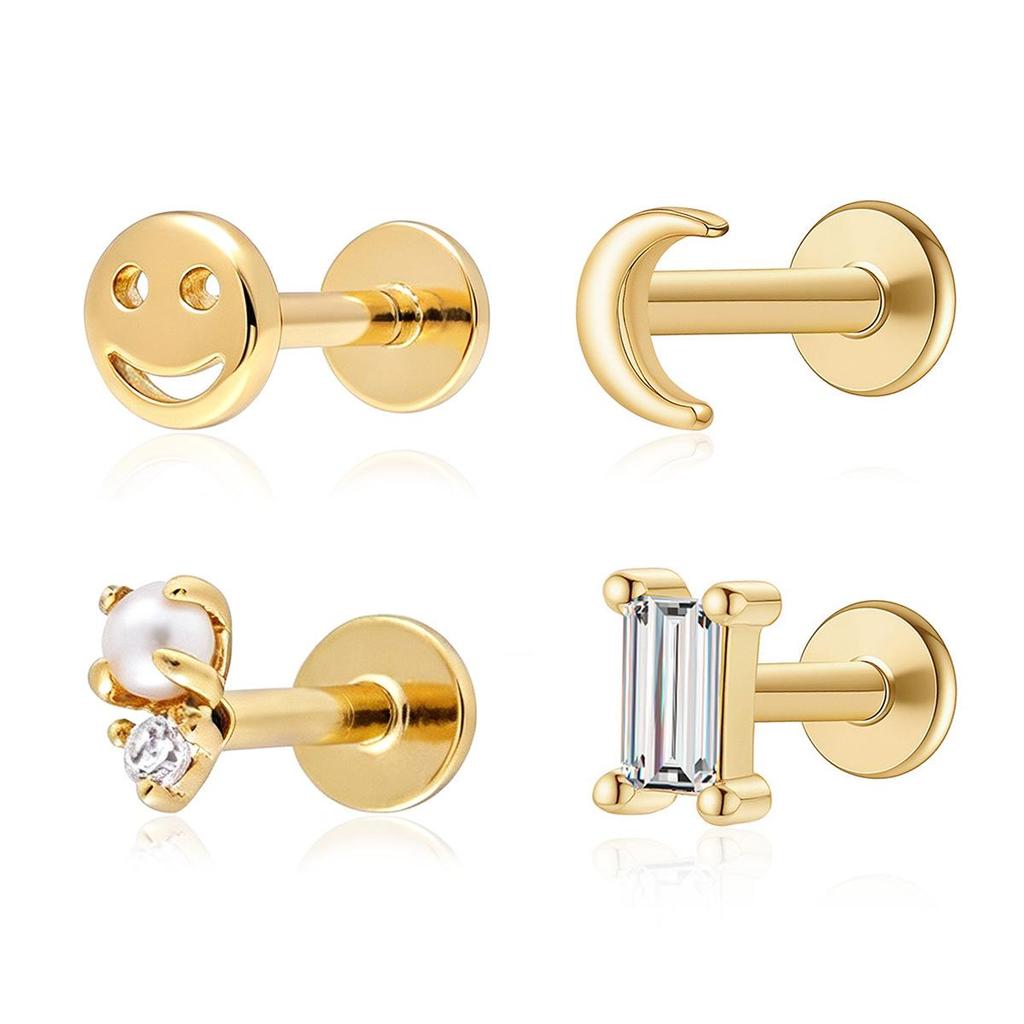 S925 Sterling Silver Geometric Moon Cartilage Earrings with Flat Head Threaded Studs