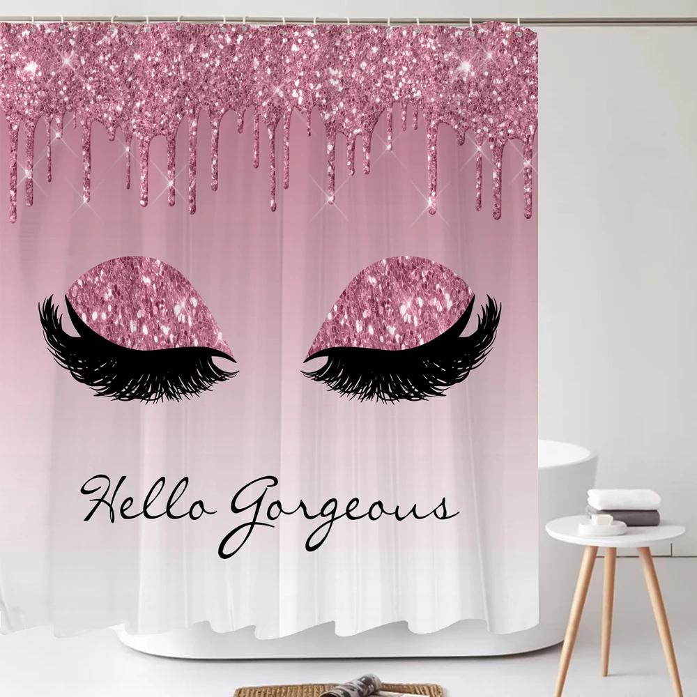 Girl Pink Silver Eyelash Shower Curtain Gorgeous Waterproof Polyester Fabric Bath Curtains Glitter Bathtub Screen with Hooks