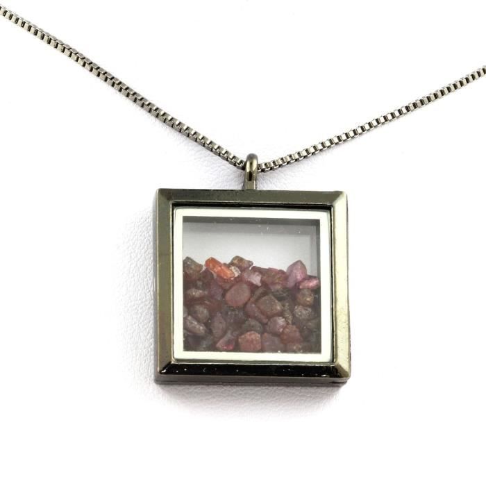 Collier - ABIJOUX - Modèle carré - Acier inoxydable - Rubis brut - Mixte enfant/adulte