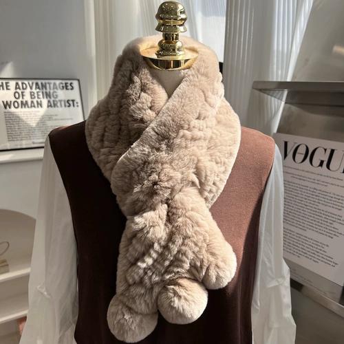Korean Real Rex Rabbit Fur Woven Scarf Double-sided Thickened Warm Fur Scarf Cute Ball Fur Collar Children