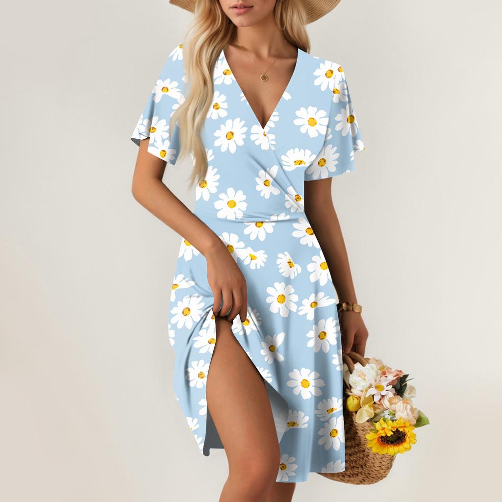 Dame Sommerkjole Løs Strandferie Casual Dyp V-hals Vestkjole Elegant Skjortekjole