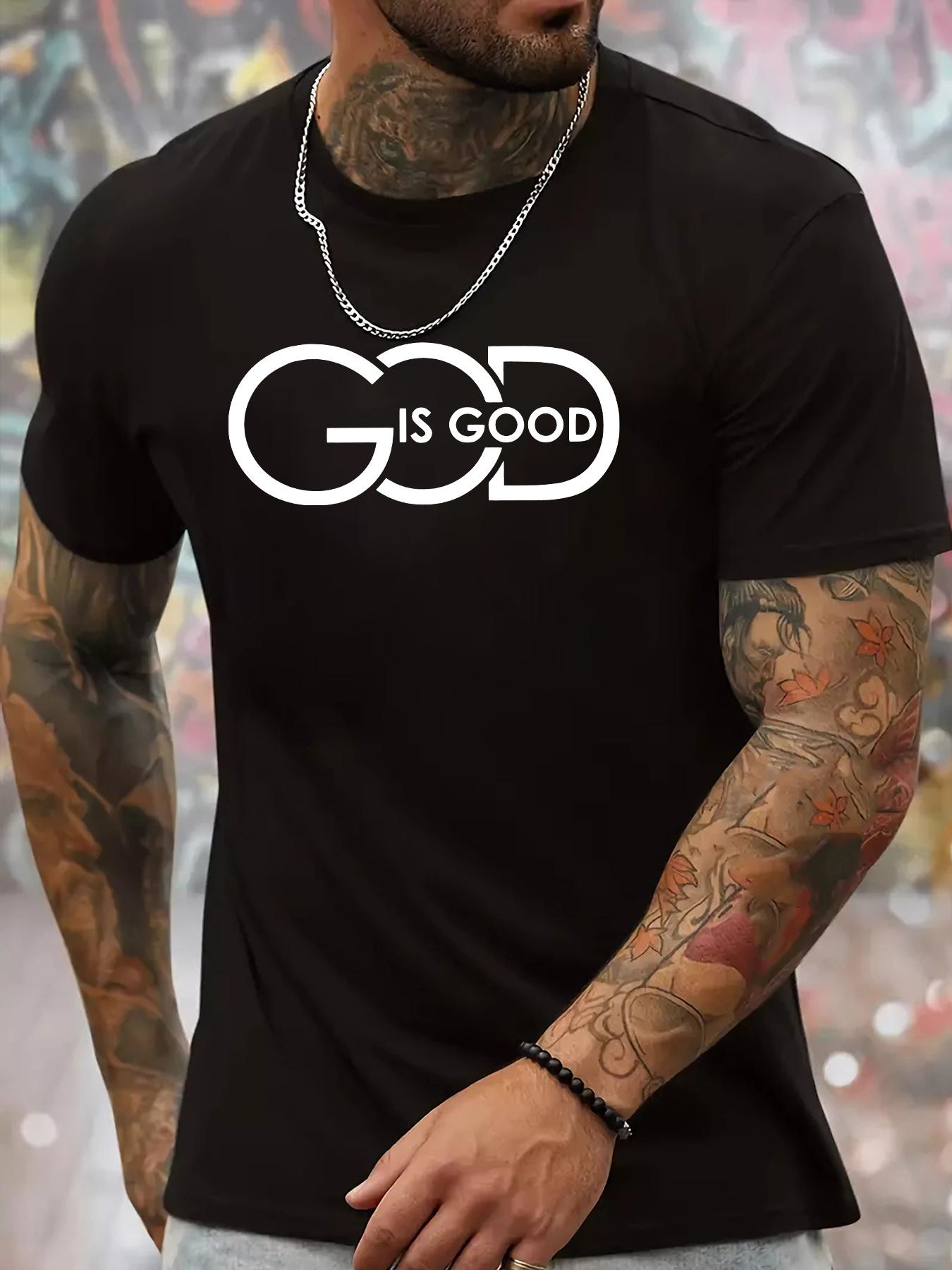 

Mens summer casual shortsleeved Tshirt with GOD IS GOOD pattern navy blue crew neck machine washable and drycleaning 4XL