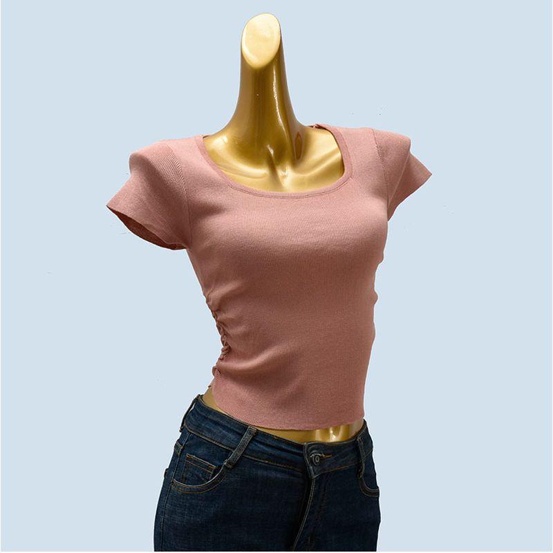 Knitted Simple Pleat Summer New Short sleeve knit Women Slim fit Slimming Square Collar Solid All-Match Base Top