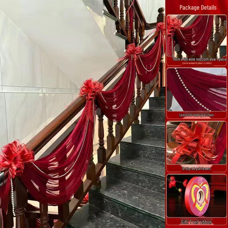 Elegant Stair Handrail Decorations: Gauze Curtains, Red Banners, Lanterns, and Flowers for Wedding Halls