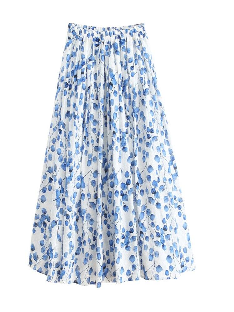 

Qooth весенне-летние женские синие юбки с высокой талией с цветочным принтом, хлопково-льняная повседневная юбка-миди QT1716 S синий