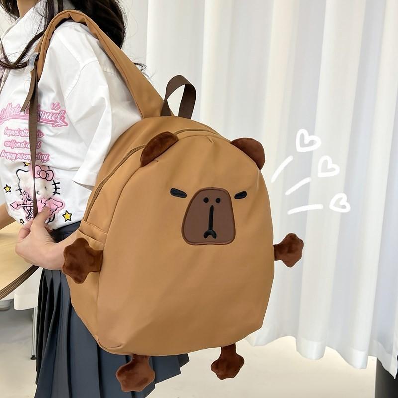 High Quality 2024 Card Capybara Nylon School Backpack Unisex Cute Cartoon Bag Brown Trendy Stitching Element
