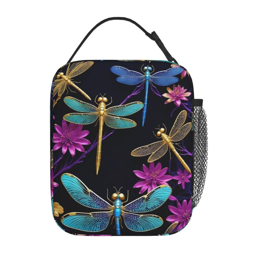 Colorful Dragonfly With Flower Insulated Lunch Bag for Women Kids Leakproof Food Boxes Thermal Lunch Box Tote