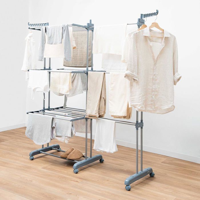 Foldable Expandable Vertical 30-Bar Clothes Drying Rack with Wheels, 3-Tier 6 Foldable Wings Laundry Dryer, 22 M Drying Space