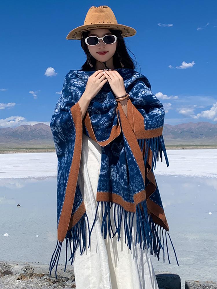 Winter Women Scarf Layers Poncho Elegant Lady Retro Print Tassel Wraps Shawl Casual Scarve Capa Para Mujer Pashmina Cloak Boho