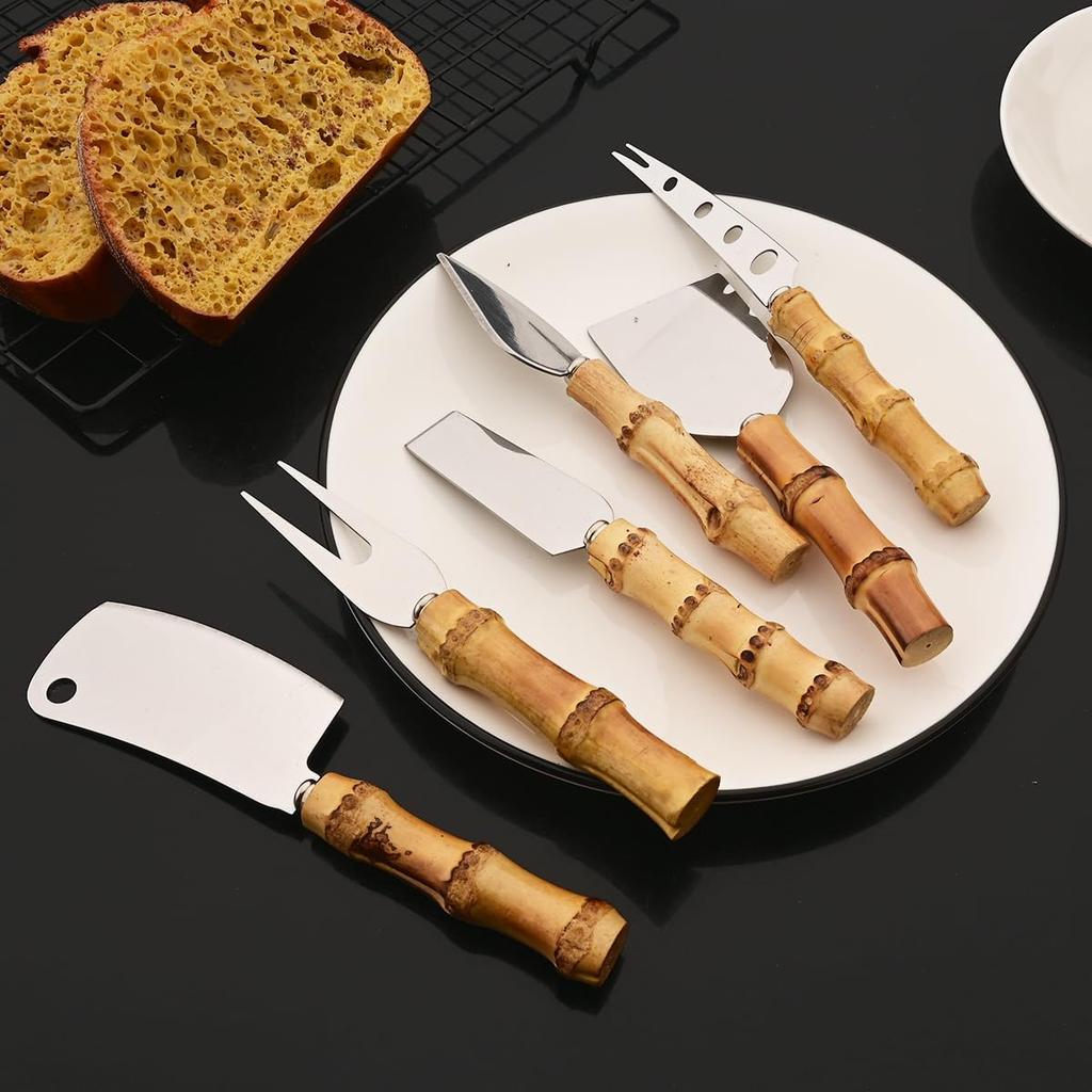 4/5/7-piece Cheese Knife Set Stainless Steel Silverware Set Bamboo Handle Utensils Hostess Serving Set for Buffet Home