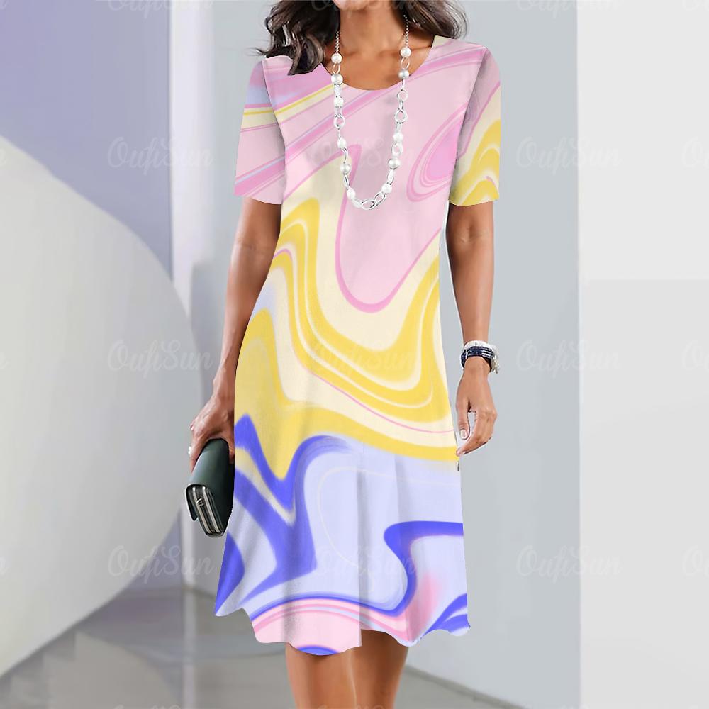 2026 New Fashion Striped Printed Dress Women's Elegant Casual Loose Short-sleeved Dress