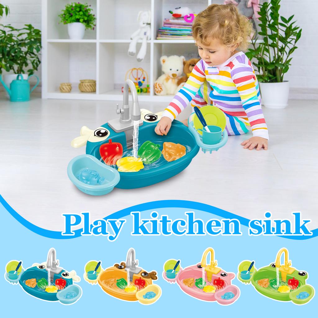 Electric Kids Play Kitchen Sink Toy with Running Water Cycle Dishwasher Pretend Play Set for Children Interactive Role Play Household Accessories