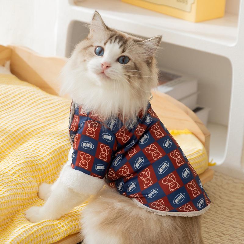 Thickened warm cat clothes hairless cat bear plaid print traction cotton-padded clothes teddy bear dog pet clothing