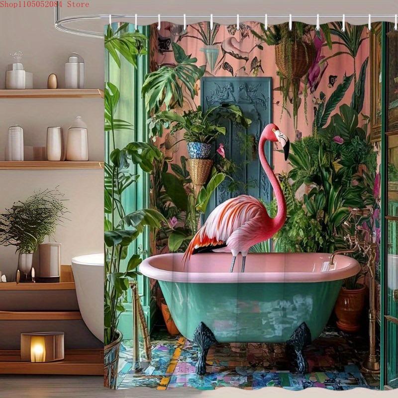 

1Pc Flamingo Bathtub Shower Curtain Mint Green Clawfoot Tub - With Hooks Waterproof Mildew Proof Easy Install Washable W60H190(CM)-1 Pcs