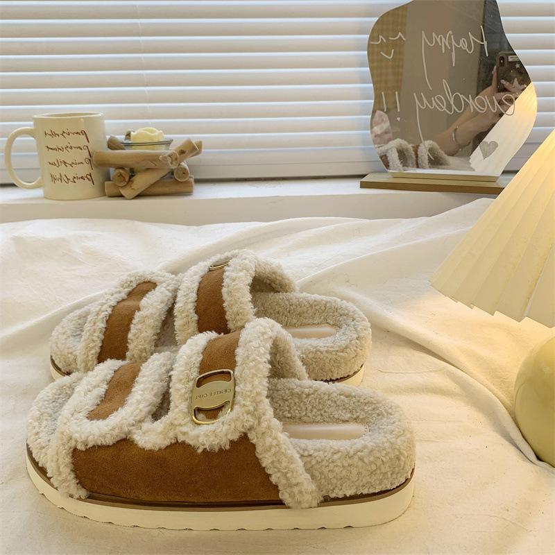 Internet celebrity thick bottom Birkenstock hairy slippers women wear autumn and winter 2025 new high-end explosion non-slip cotton slippers