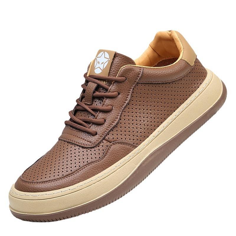 Shoes men's board shoes leather spring and summer new thick-soled hollow holes sports and leisure shoes men's breathable little white shoes
