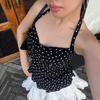 New French Polka Dot Print Sexy Halter Neck Camisole Top for Women Pure and Alluring Princess Style Fitted Waist Tank Top