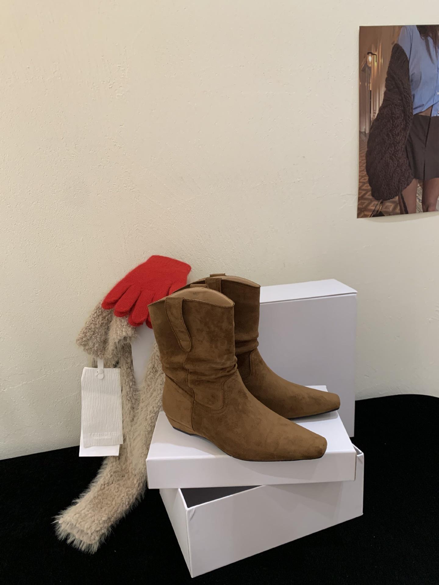 

2025 retro low-heeled square-headed western cowboy stacking boots women s autumn and winter new Martin boots thin boots 39 светло-коричневого