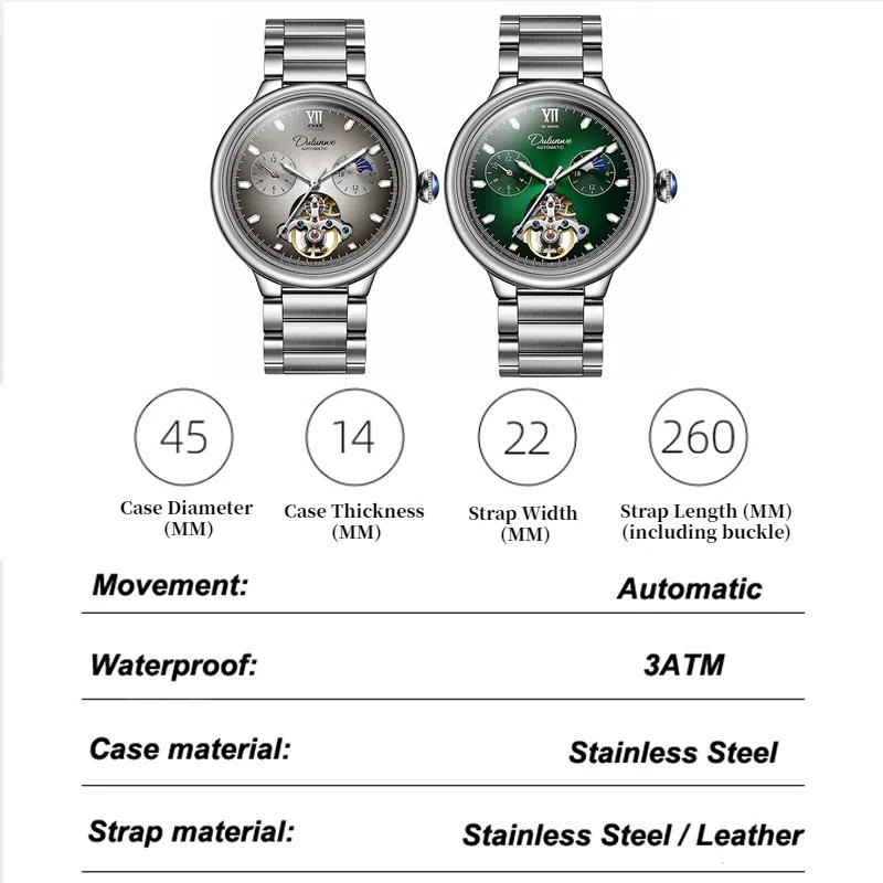 Dulunwe Luxury Men's Watch with Moon Phase & Tourbillon Retro Hollow Mechanical Wristwatch Stainless Steel Automatic Movement Men Watches