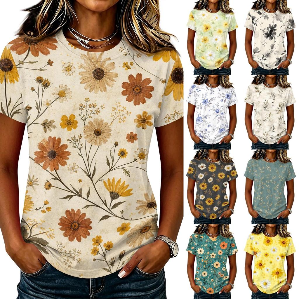 Women's Casual Crew Neck Short Sleeve Pullover T Shirt Floral Print Top Lightweight Soft Fabric Comfortable Fit