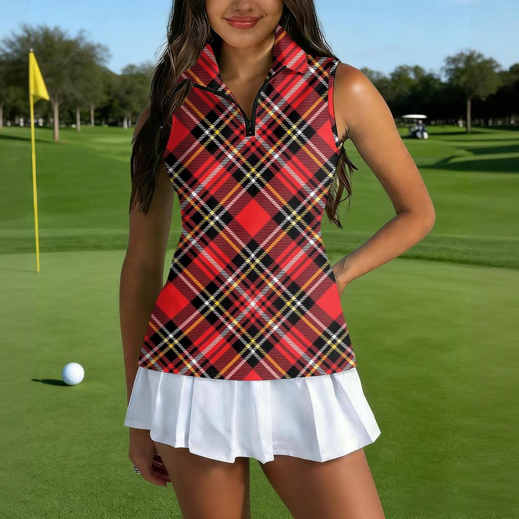 Dámské golfové polo bez rukávů se zipovým límcem, kostkovaný potisk, sportovní tílko pro sport a venkovní aktivity
