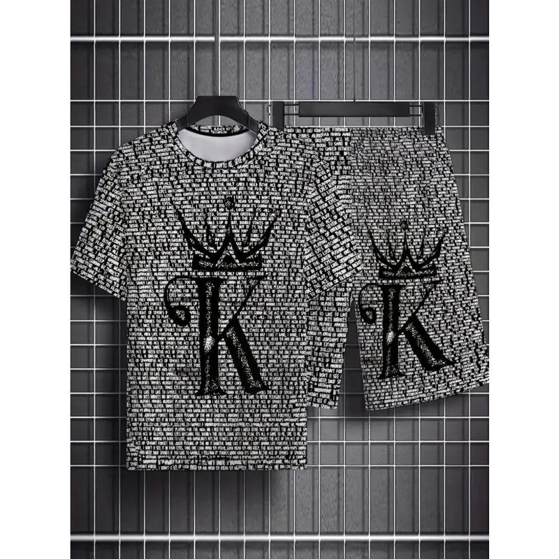 Sommer Buchstabenfarbdruck Modische lockere Herren Alltagsbequeme zweiteilige kurzärmelige Sportbekleidung