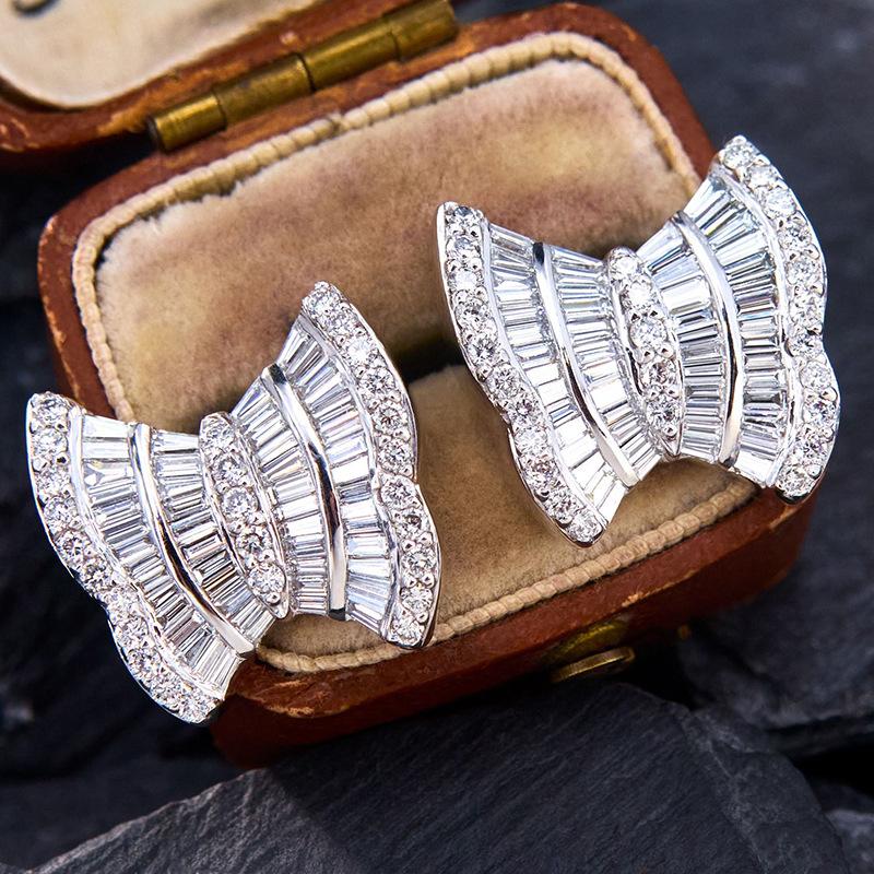 Art Deco Bow Shaped Piercing Earrings Full Paved Baguette & Round Cubic Zirconia Silver Tone Formal Banquet Bridal Ladies Accessories