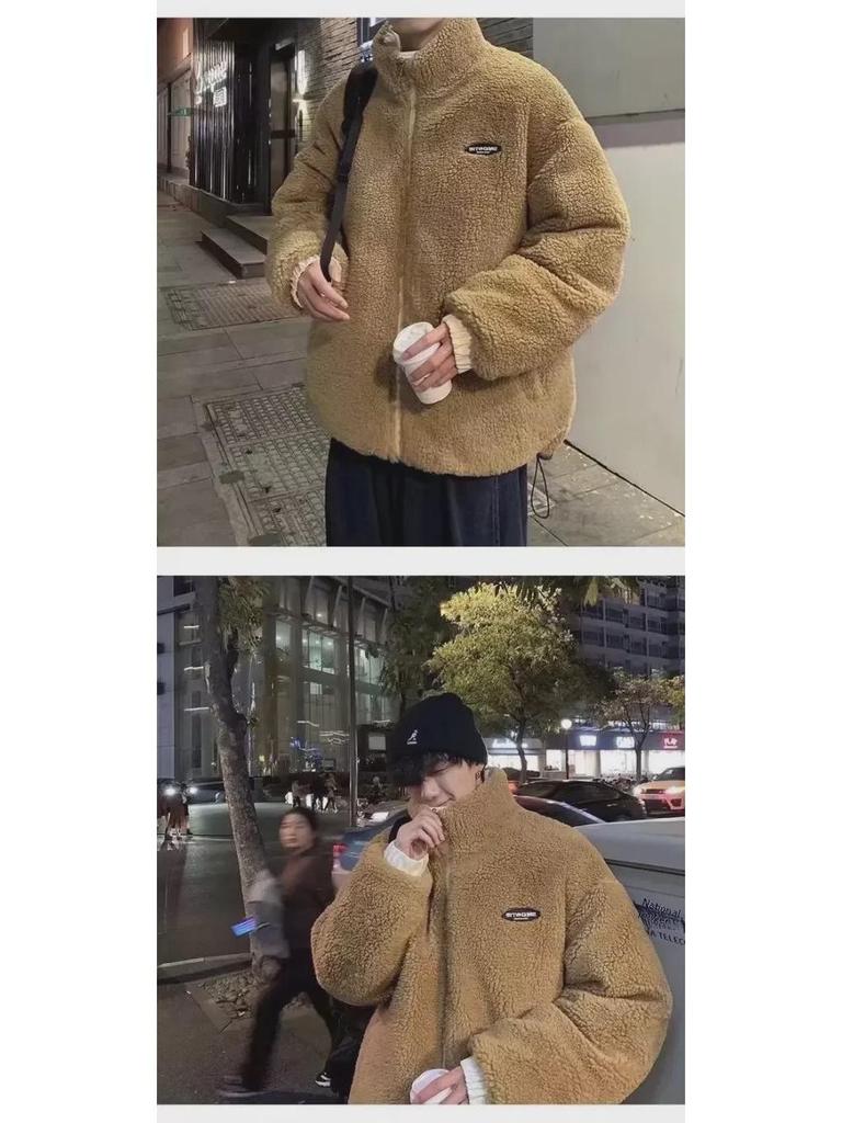 Men's Hong Kong Style Winter Lamb Fleece Cotton Coat - Trendy, Loose, Warm, and Thick Plus Velvet Jacket for Couples