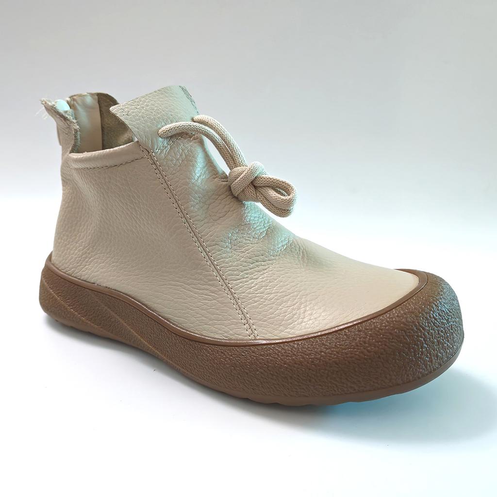 Genuine Leather Shoes Women Ankle Boots Cow Leather Short Booties Zip Flat Non-slip Casual Soft Shoes Elegant Beige Plus Size 41