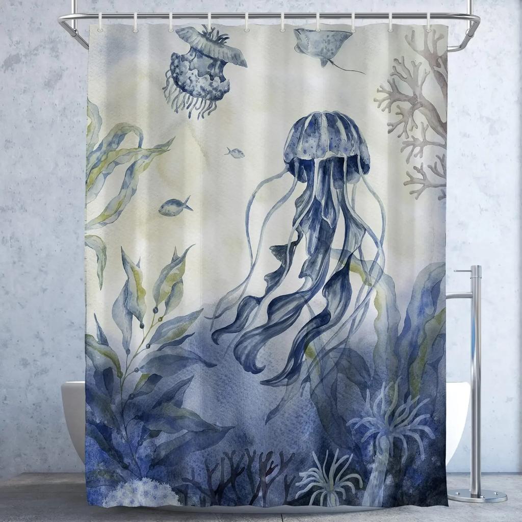Manet Duschdraperi Blå Magisk Undervattens Havsliv Duschdraperier Roliga Akvatiska Badrumsdraperier Badskärm, Vattentät