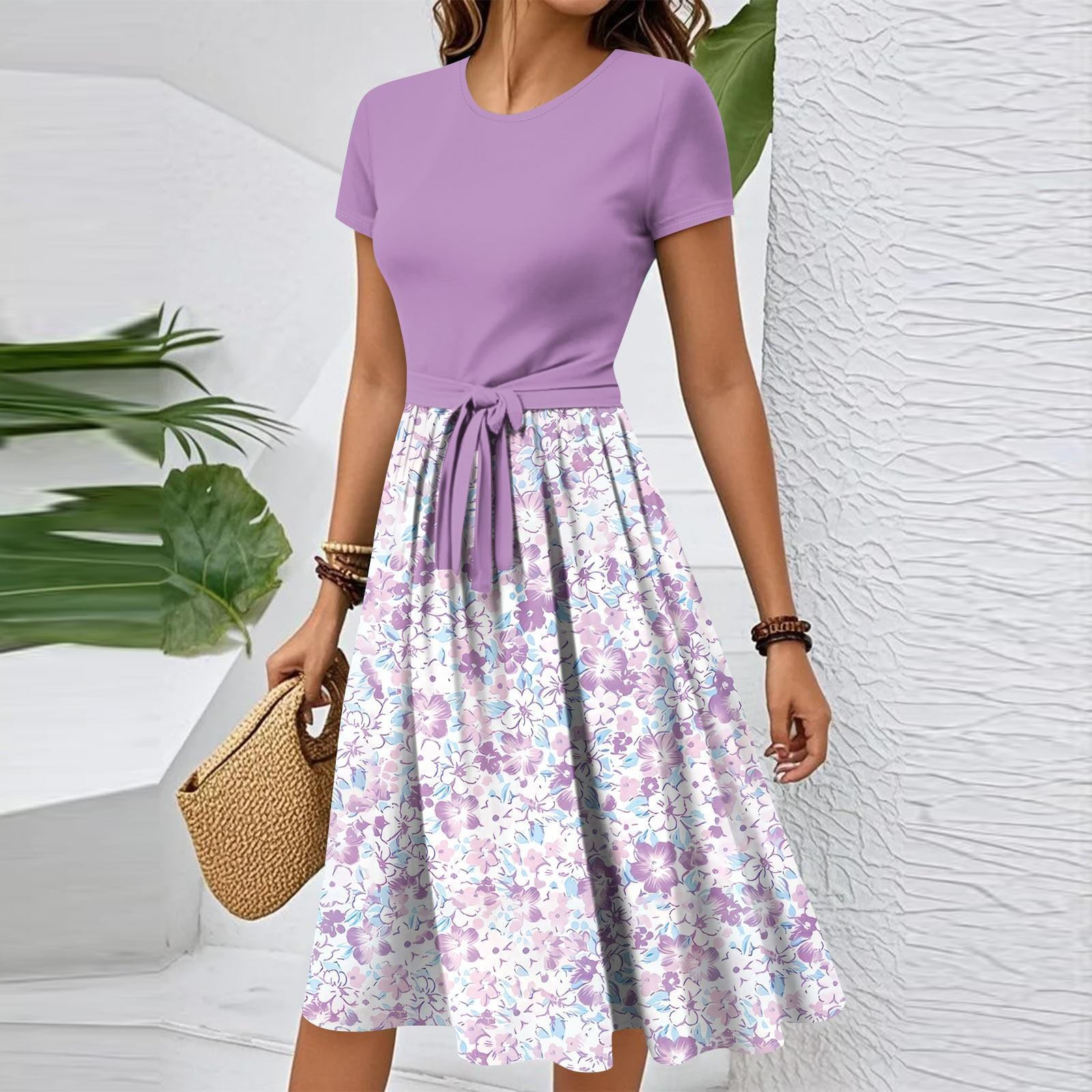 

Женское повседневное модное элегантное платье с поясом и винтажным принтом с коротким рукавом и круглым вырезом L фиолетовый