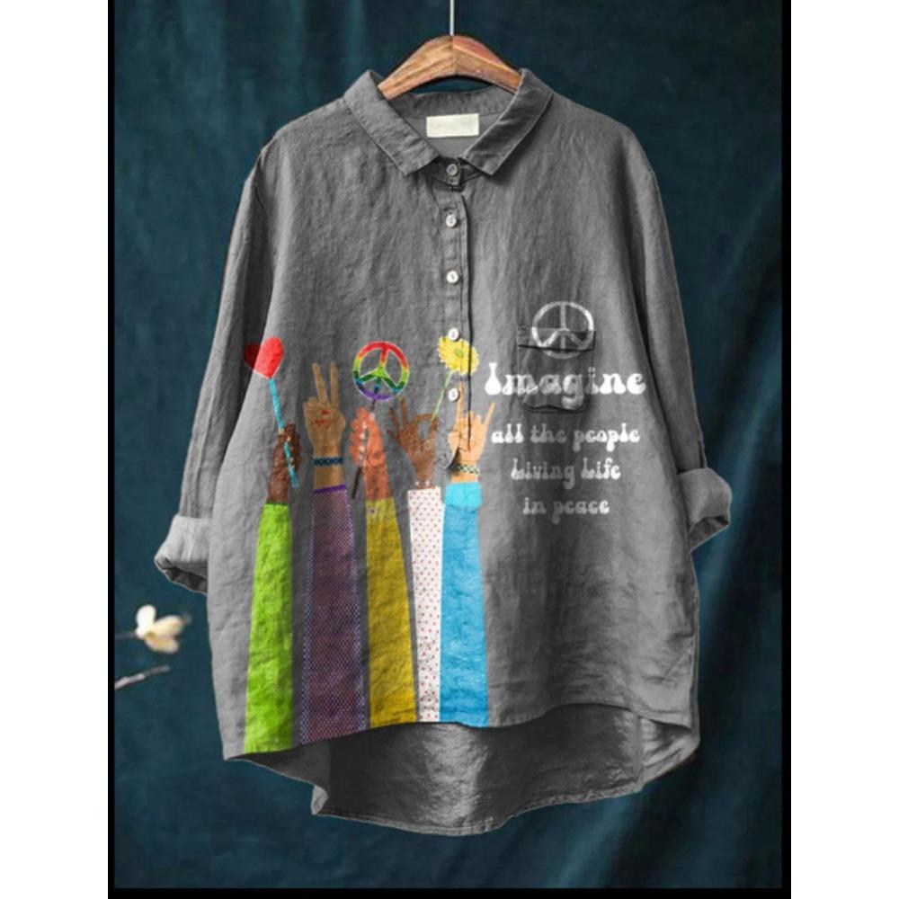 Damen Hemd mit Kragen, halber Knopfleiste, lockerem Schnitt, lässig, langen Ärmeln, aus Polyester