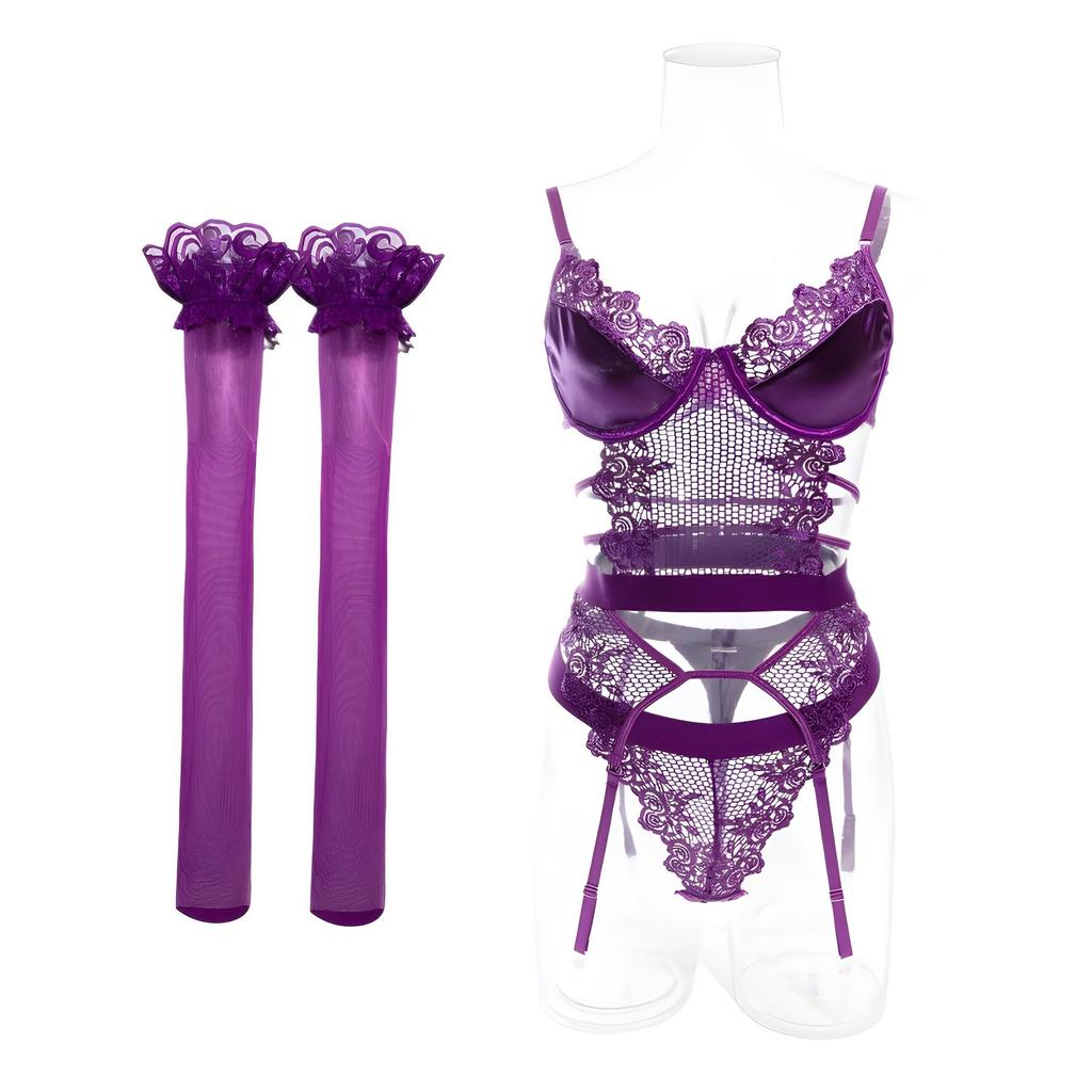Sexy purple lace garter with steel ring sexy sexy underwear three-piece body sculpting set