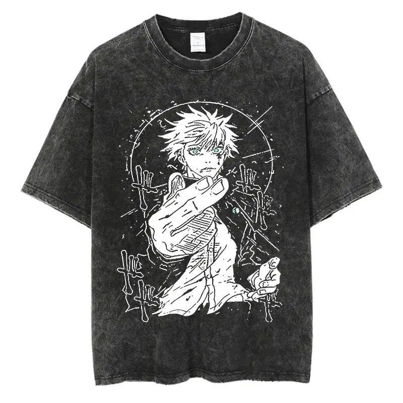 Vintage Washed Anime Graphic T Shirts Man Women Short Sleeve Tops Tees Summer Casual Harajuku Y2k Clothes