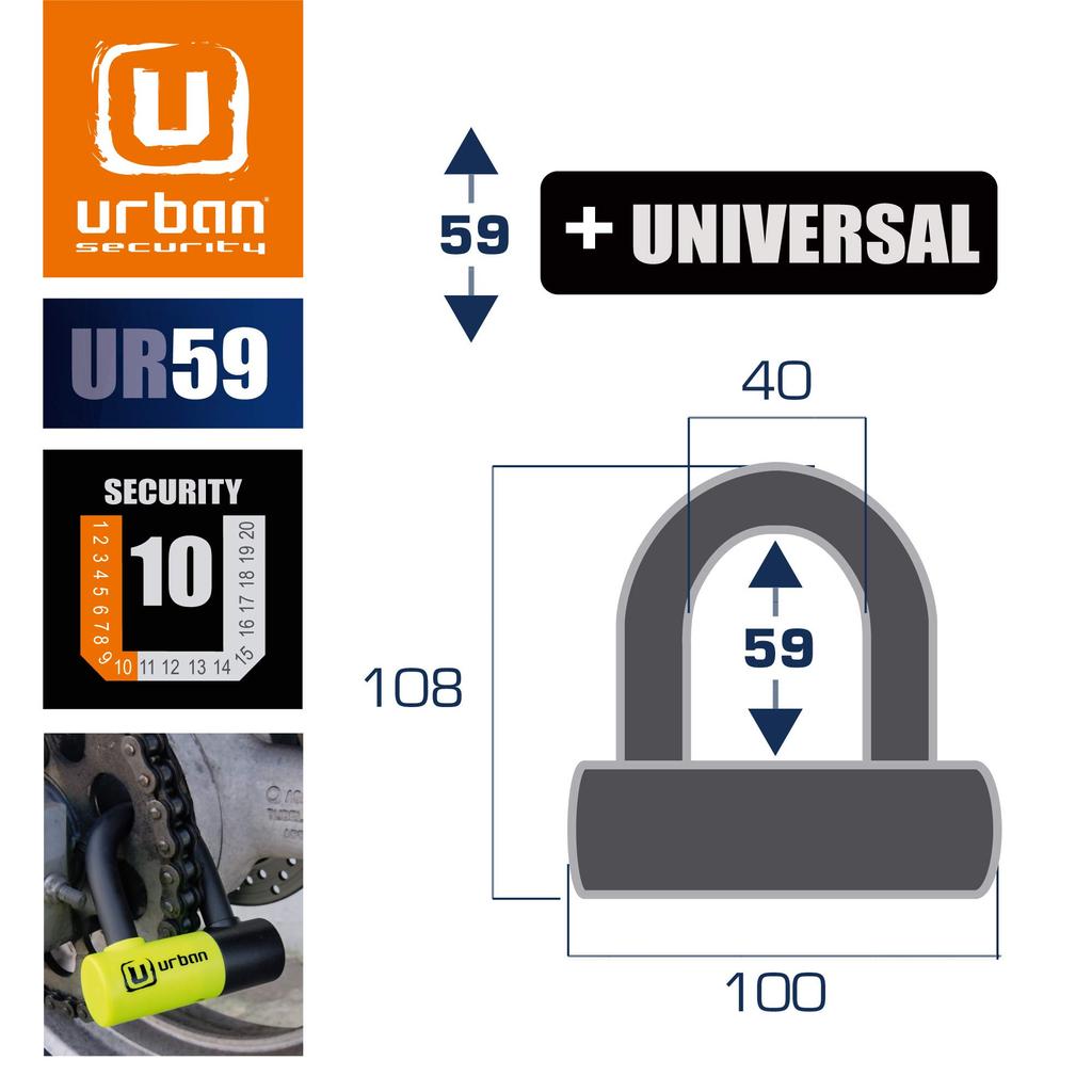 URBAN UR59120 Mini U Padlock with Chain 120cm Bicycle Disc Dual High Security Double Closure Anti-Theft Loop, Motorcycle, Scooter, Padlock, Function,