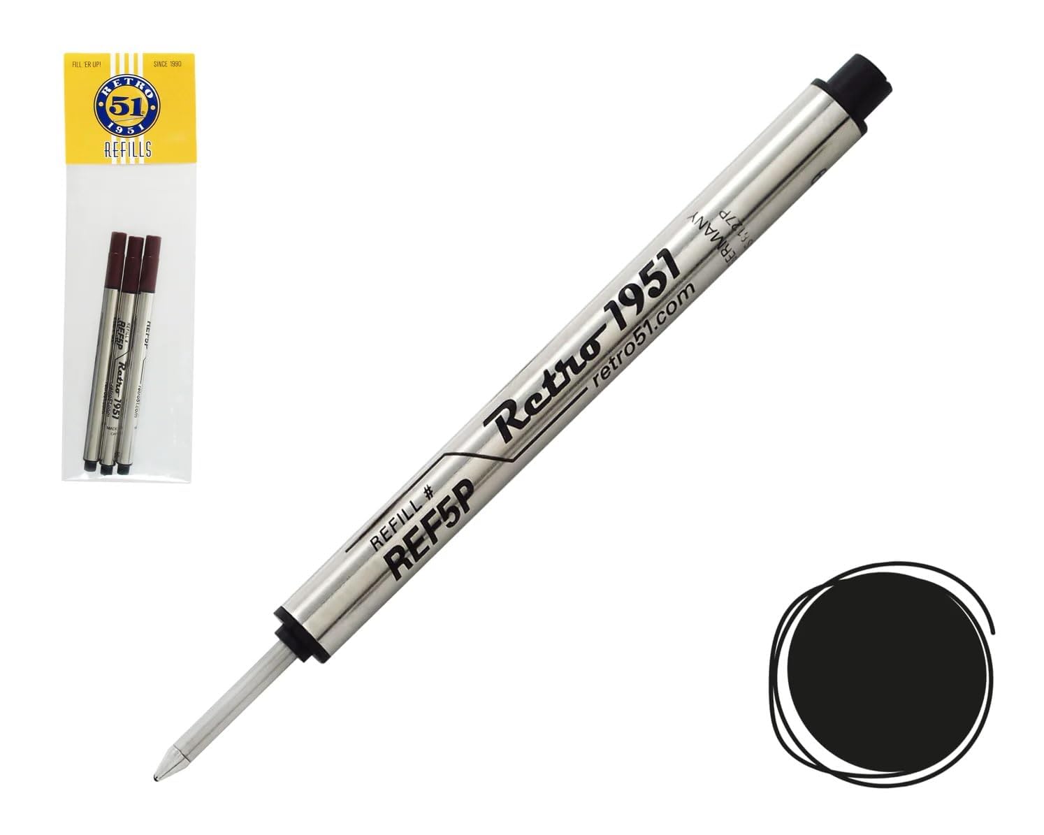 

RETRO51 Retro 1951 Short Capless Rollerball Ink Refill, Black, 3-Pack (REF5P-B) 5,000 чёрный