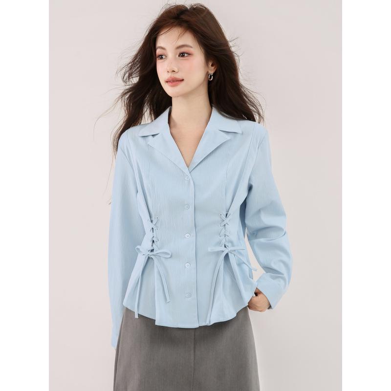 Women s Slimming Blue French-Style Waist-Tie Long-Sleeve Shirt - New for Spring 2026 Medium синий