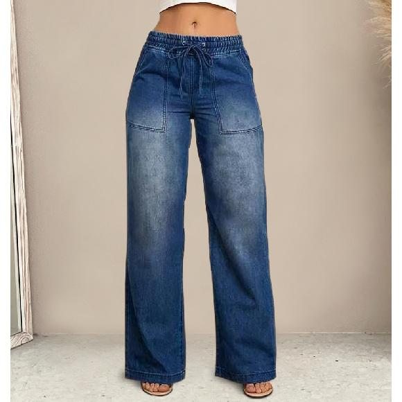 2026 Fall New Women s Denim Pants with Drawstring Elastic Waist, Straight-Leg Fashionable Wide-Leg Denim Trousers S