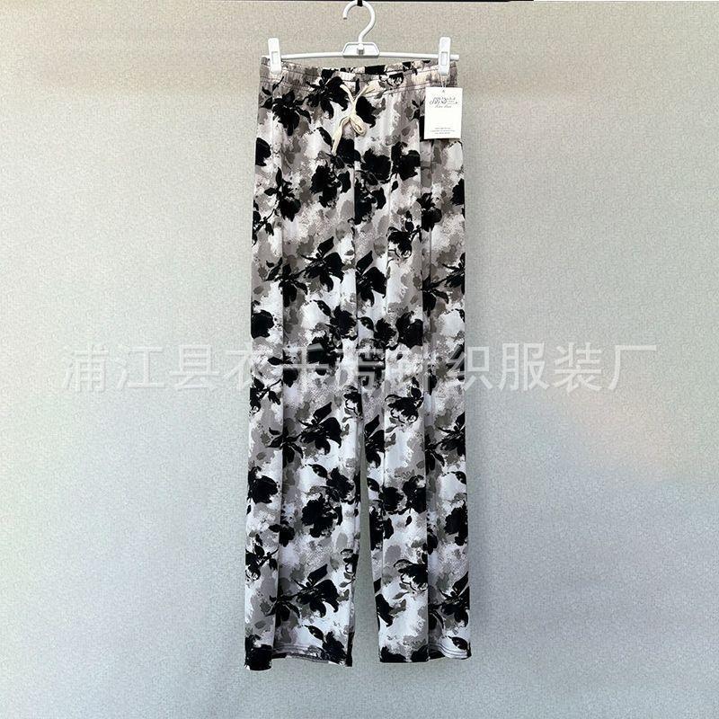 Women's High Waist Drawstring Wide Leg Pants Loose Straight Tie Dye Printed Polyester Trousers For Summer Commute Floor Length Casual Wear