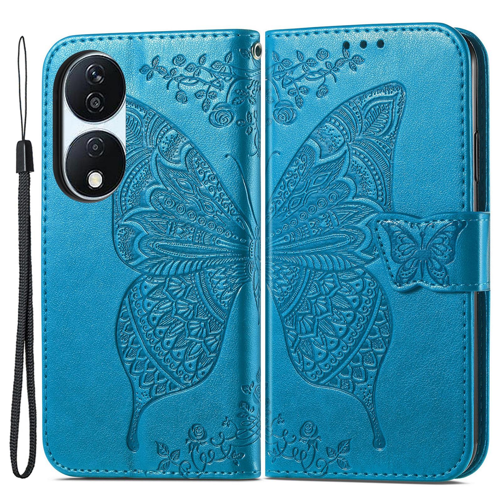 

For Honor X7b 4G/90 Smart Shockproof Case Butterfly Pattern Wallet Style Phone Guard Cover Blue