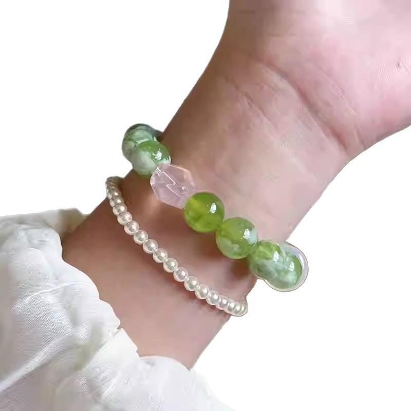 Natural Women's Fashion Xiuyan Jade Bracelet with Green Grape Milk Cap and Pink Crystal Peace Buckle
