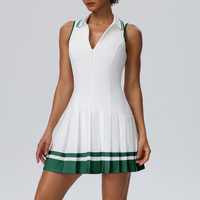 Womens Color-Block Collar Tennis Dress With Built-in Bra Pad Quick-Dry Sporty Skirt Gym Running Yoga Outdoor Activities