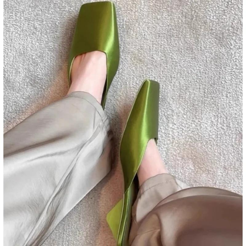 Satin Sandals Women Summer Sexy Square Head Strange Low Heel Slide Sandals Chunky Heel Elegant Design Mule Slippers Women
