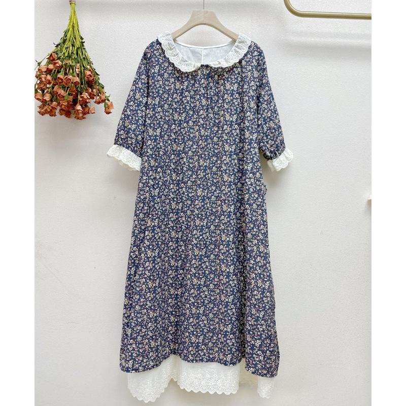 Mori Girl Podzim Jaro Ženy Volné Dlouhé Šaty Volané Límec Květinové Šaty Cottagecore Vintage Bavlněné volánky Elegantní elegantní šaty