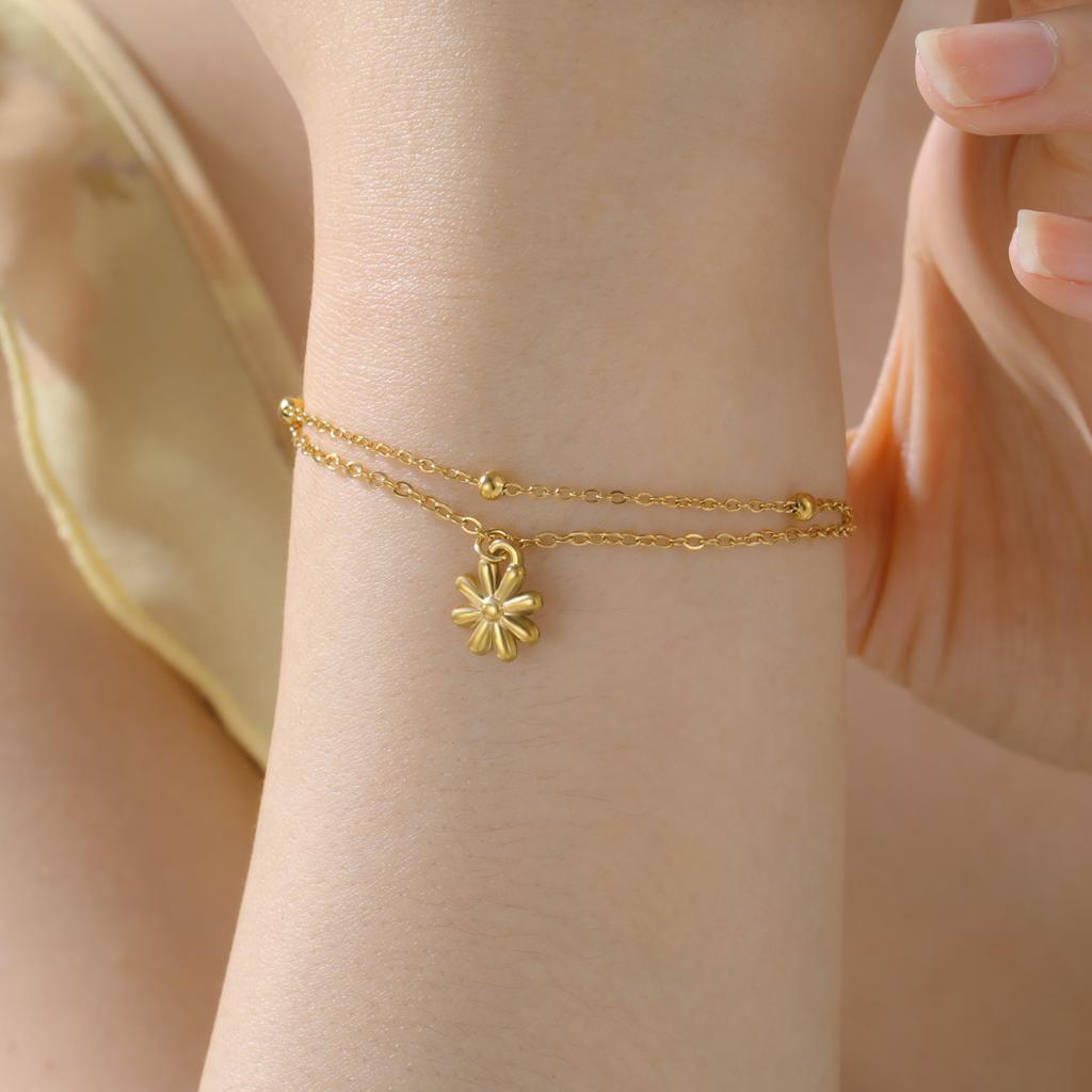 Teamer Bohemian Flower Charm Bracelet Stainless Steel Adjustable Double Layer Beads Chain For Women Fashion Sweet Jewelry Gift