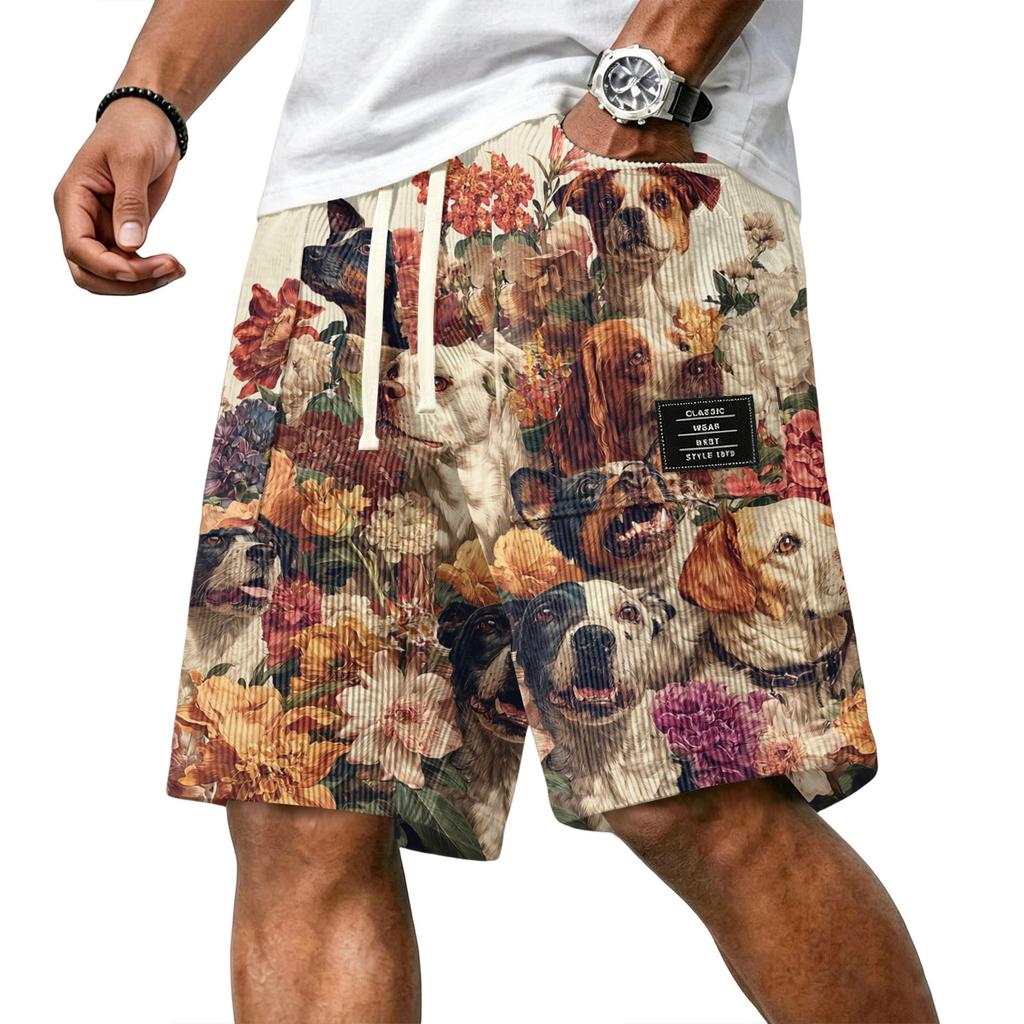 Men's Casual Corduroy Drawstring Shorts Hawaiian Style Floral Dog Print Lightweight Comfortable Fit Summer Beachwear