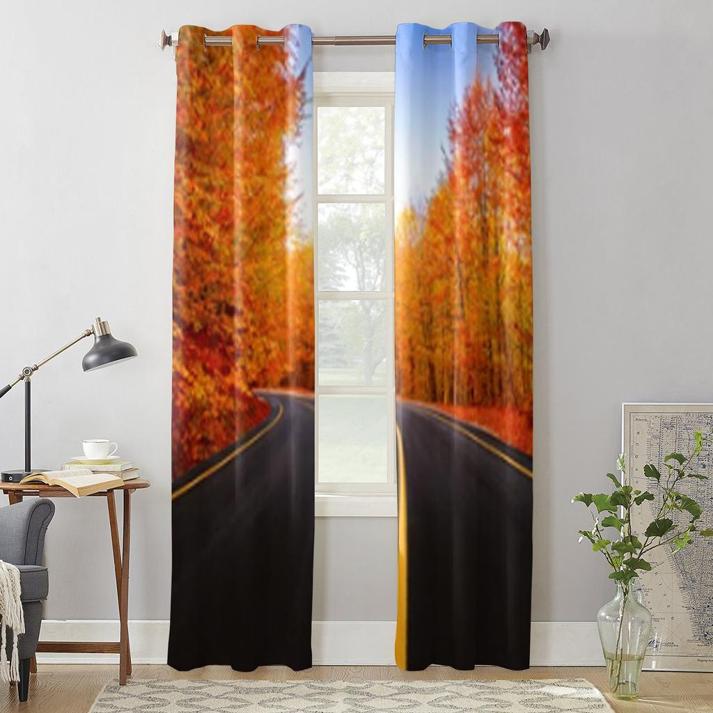 Black Road In Autumn Forest Window Curtain For Living Room Bedroom Decoration Curtains Luxury Kitchen Valance Curtains