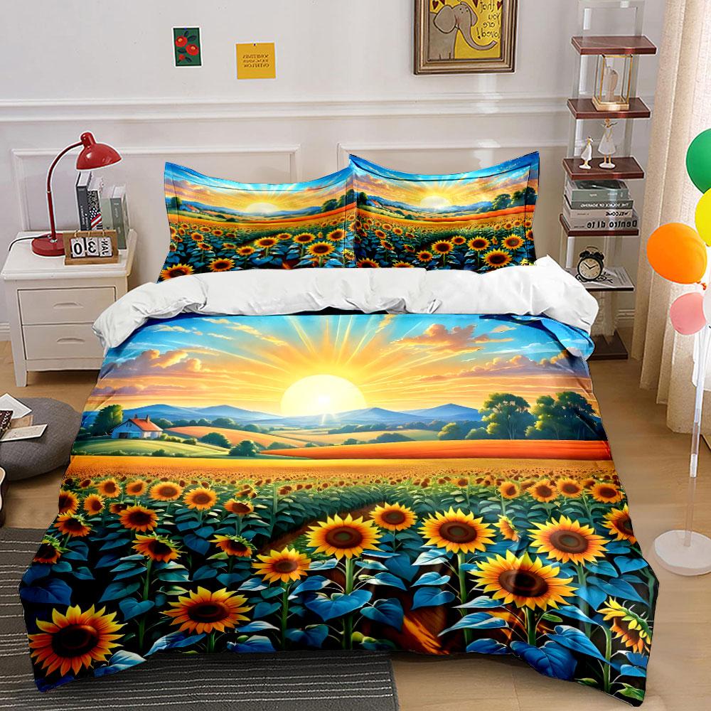 Sunflowers and Sunrise Landscape Bedding Duvet Cover Set (1*Duvet Cover 2*Pillowcases, without duvet insert)