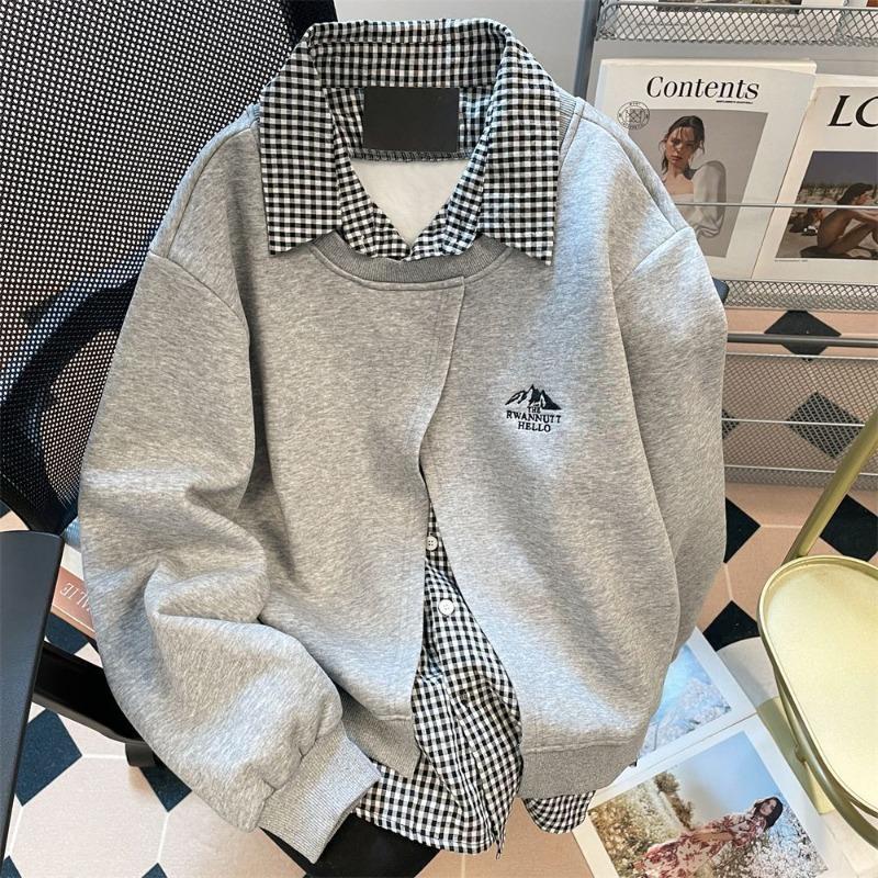 

Two Fake Women s Hoodies Plaid Long Sleeved Button Down Sweatshirt New Embroidered Korean Style Woman Contrasting Color Top 2XL